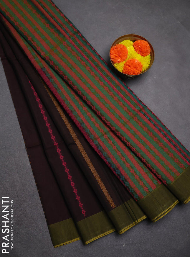 Kora silk cotton saree deep maroon and sap green with allover thread weaves & buttas and simple border
