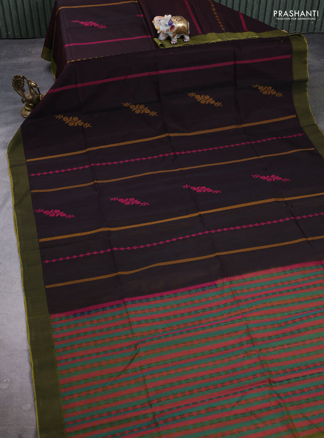 Kora silk cotton saree deep maroon and sap green with allover thread weaves & buttas and simple border