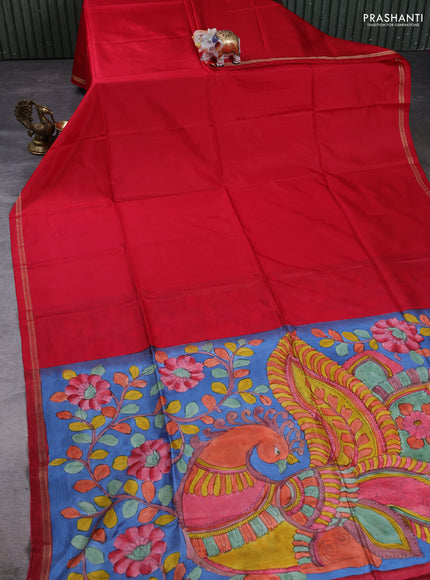Pure soft silk saree red and blue with plain body and kalamkari printed pallu
