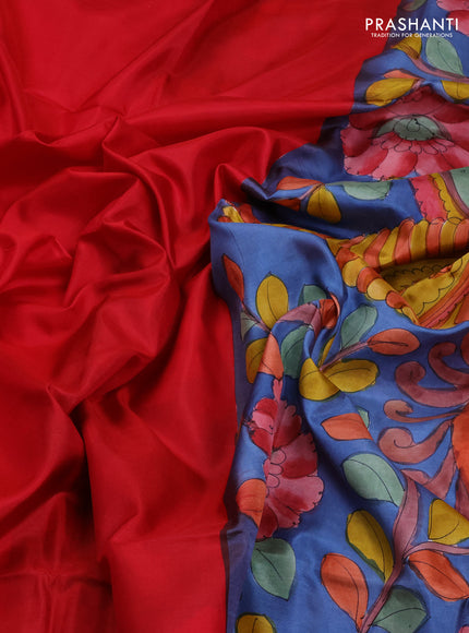 Pure soft silk saree red and blue with plain body and kalamkari printed pallu