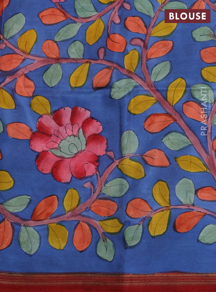 Pure soft silk saree red and blue with plain body and kalamkari printed pallu