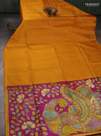 Pure soft silk saree mustard yellow and magenat pink with plain body and kalamkari printed pallu