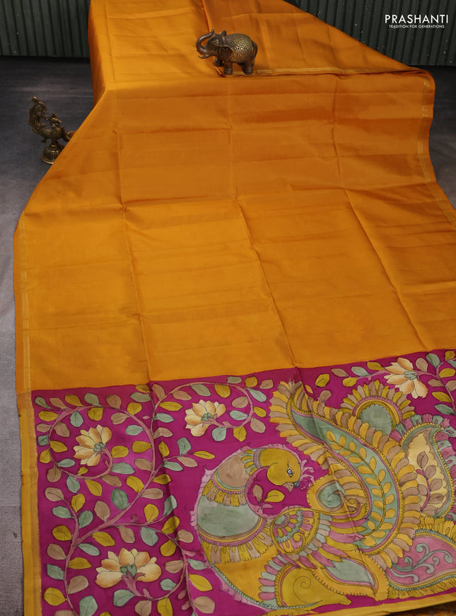 Pure soft silk saree mustard yellow and magenat pink with plain body and kalamkari printed pallu