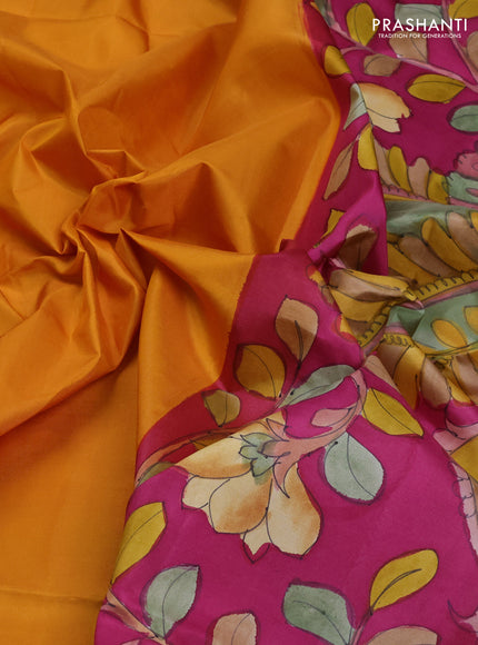 Pure soft silk saree mustard yellow and magenat pink with plain body and kalamkari printed pallu