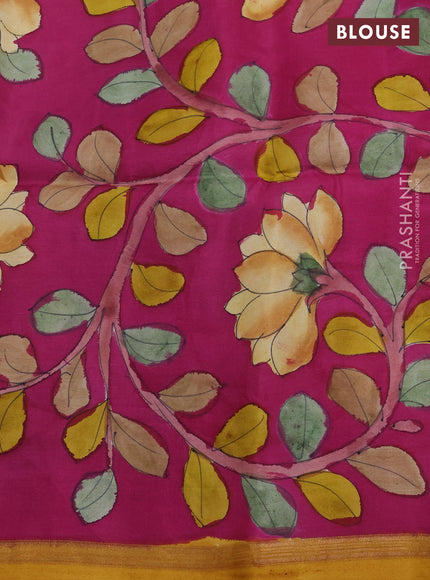 Pure soft silk saree mustard yellow and magenat pink with plain body and kalamkari printed pallu
