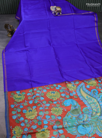 Pure soft silk saree royal blue and rustic orange with plain body and kalamkari printed pallu