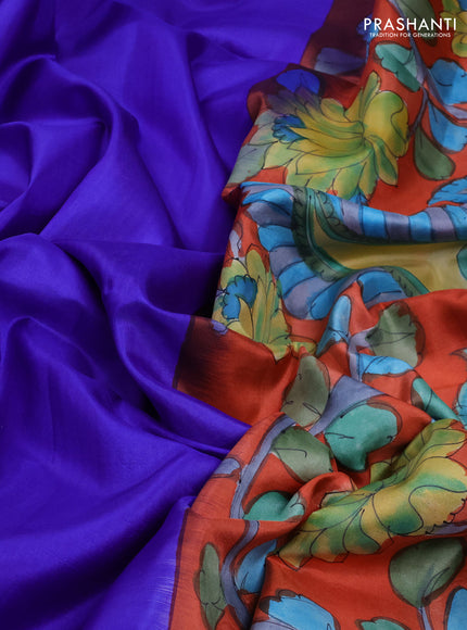 Pure soft silk saree royal blue and rustic orange with plain body and kalamkari printed pallu