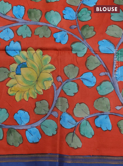 Pure soft silk saree royal blue and rustic orange with plain body and kalamkari printed pallu