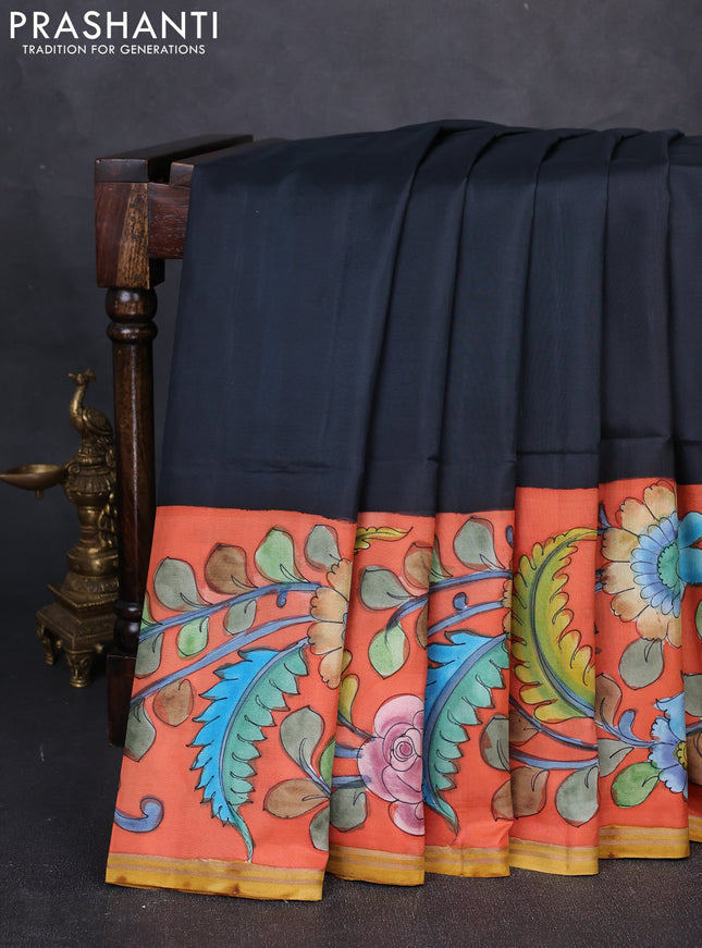 Pure soft silk saree black and rustic orange with plain body and kalamkari printed pallu