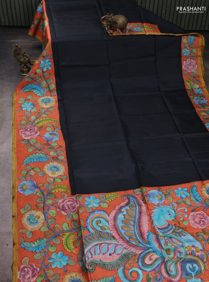 Pure soft silk saree black and rustic orange with plain body and kalamkari printed pallu