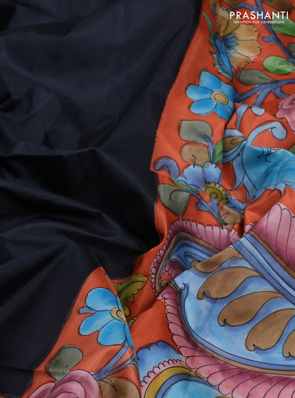 Pure soft silk saree black and rustic orange with plain body and kalamkari printed pallu