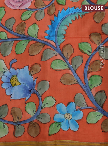 Pure soft silk saree black and rustic orange with plain body and kalamkari printed pallu