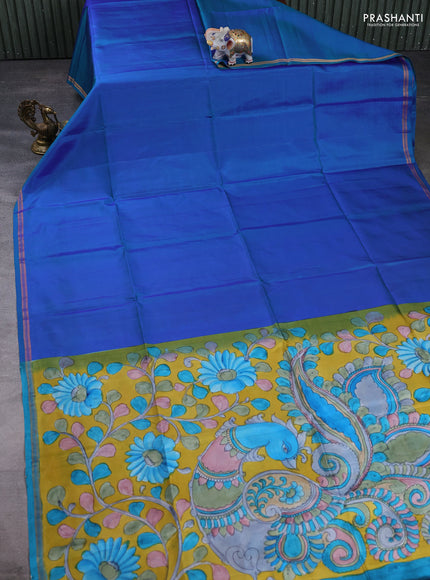 Pure soft silk saree dual tone bluish green and mustard yellow with plain body and kalamkari printed pallu