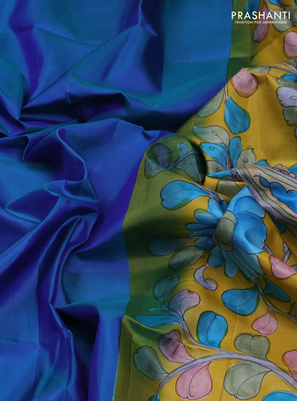 Pure soft silk saree dual tone bluish green and mustard yellow with plain body and kalamkari printed pallu