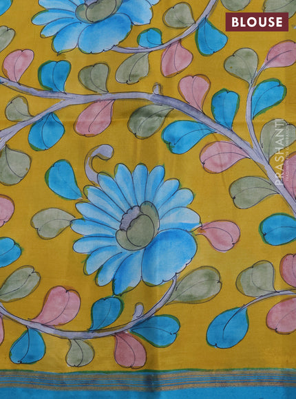 Pure soft silk saree dual tone bluish green and mustard yellow with plain body and kalamkari printed pallu