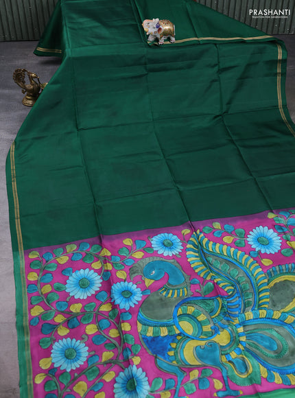 Pure soft silk saree green and purple with plain body and kalamkari printed pallu