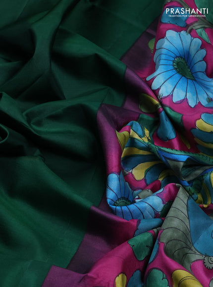 Pure soft silk saree green and purple with plain body and kalamkari printed pallu