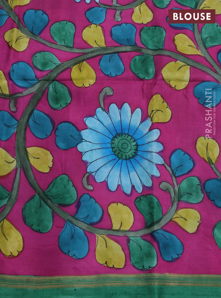 Pure soft silk saree green and purple with plain body and kalamkari printed pallu