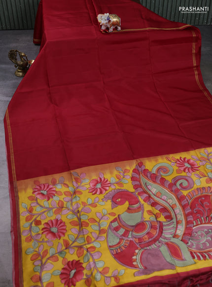 Pure soft silk saree maroon and mustard yellow with plain body and kalamkari printed pallu