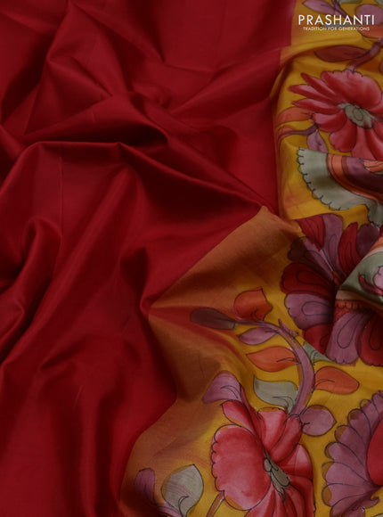 Pure soft silk saree maroon and mustard yellow with plain body and kalamkari printed pallu