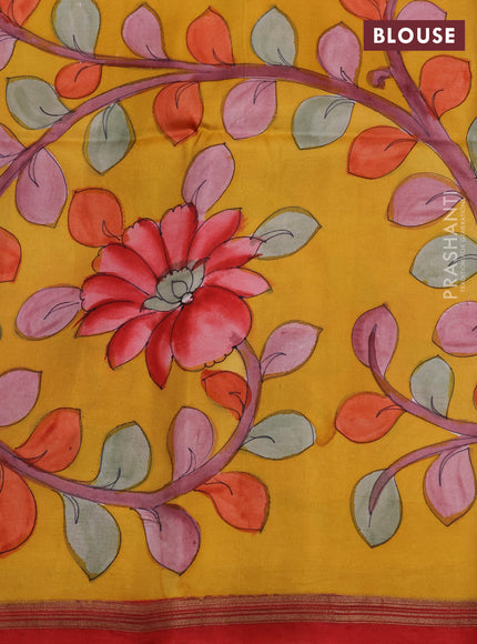 Pure soft silk saree maroon and mustard yellow with plain body and kalamkari printed pallu