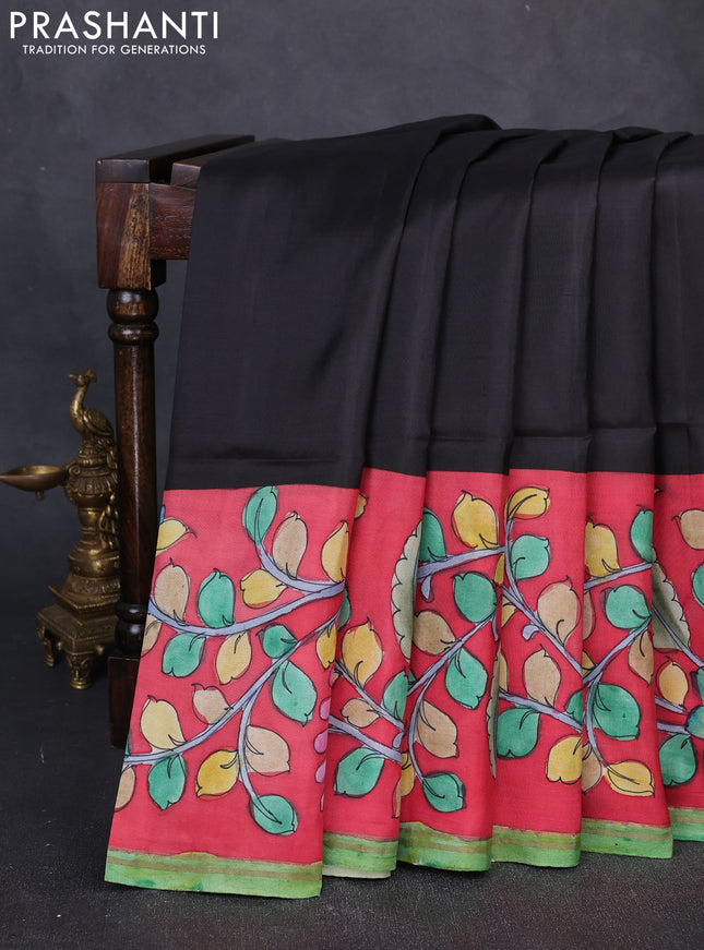Pure soft silk saree black and tomato pink with plain body and kalamkari printed pallu & border