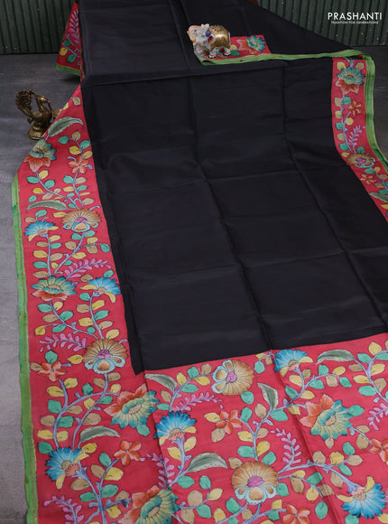 Pure soft silk saree black and tomato pink with plain body and kalamkari printed pallu & border