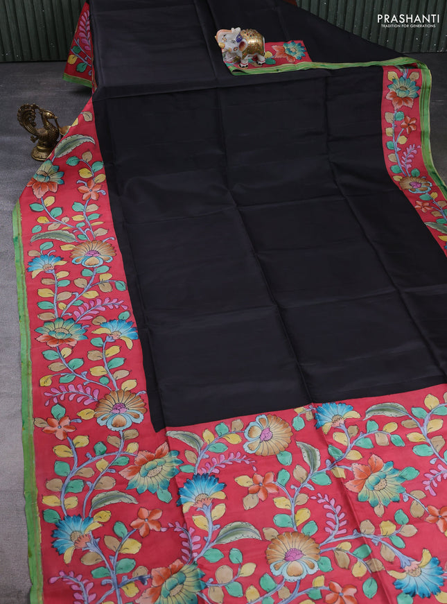 Pure soft silk saree black and tomato pink with plain body and kalamkari printed pallu & border