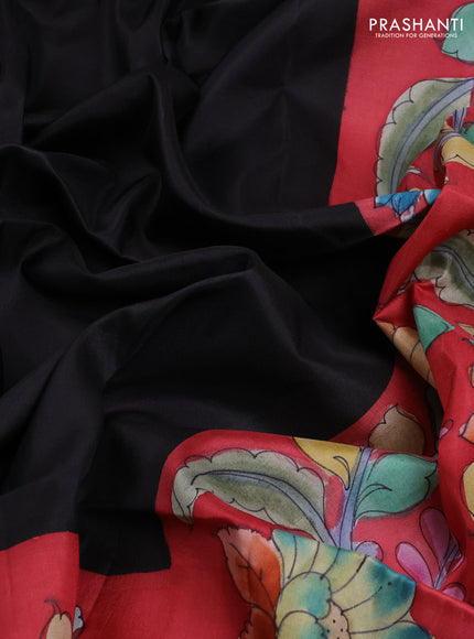 Pure soft silk saree black and tomato pink with plain body and kalamkari printed pallu & border