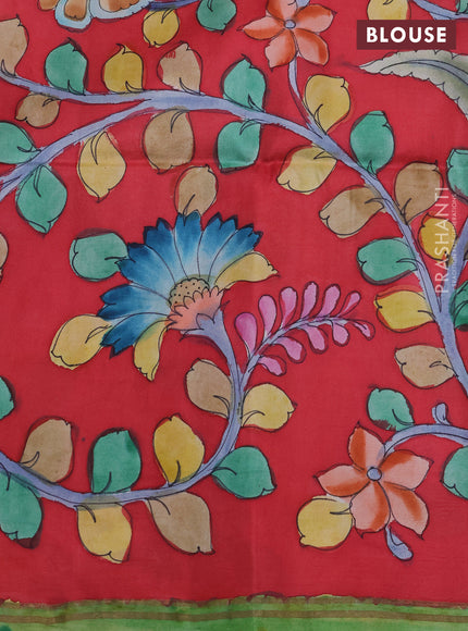 Pure soft silk saree black and tomato pink with plain body and kalamkari printed pallu & border