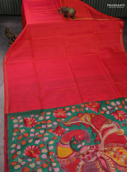 Pure soft silk saree dual tone pinkish orange and teal green with plain body and kalamkari printed pallu