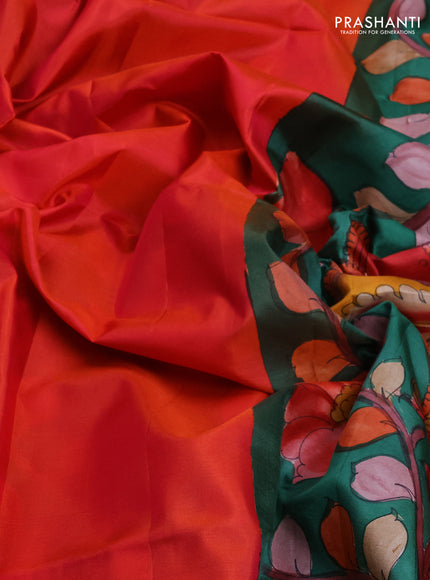 Pure soft silk saree dual tone pinkish orange and teal green with plain body and kalamkari printed pallu
