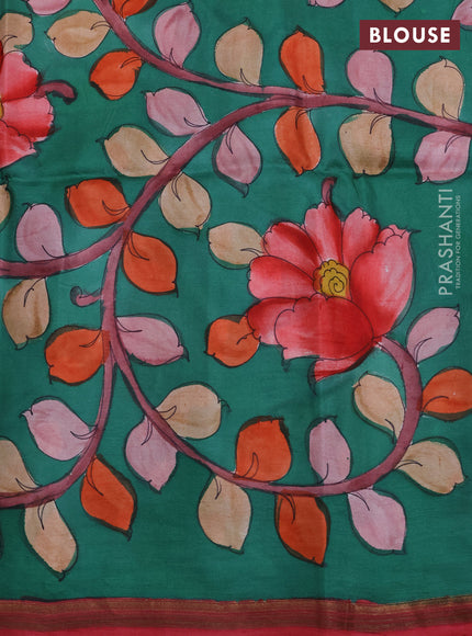 Pure soft silk saree dual tone pinkish orange and teal green with plain body and kalamkari printed pallu