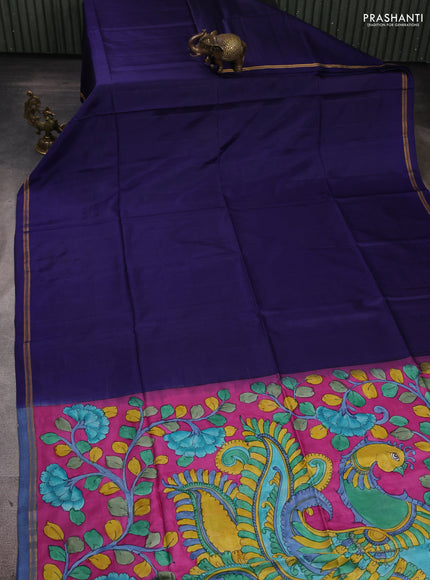 Pure soft silk saree blue and magenat pink with plain body and kalamkari printed pallu