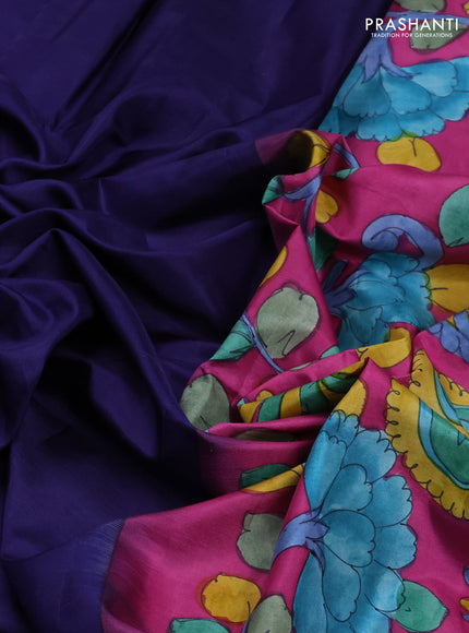 Pure soft silk saree blue and magenat pink with plain body and kalamkari printed pallu