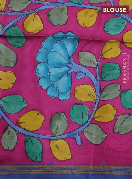 Pure soft silk saree blue and magenat pink with plain body and kalamkari printed pallu