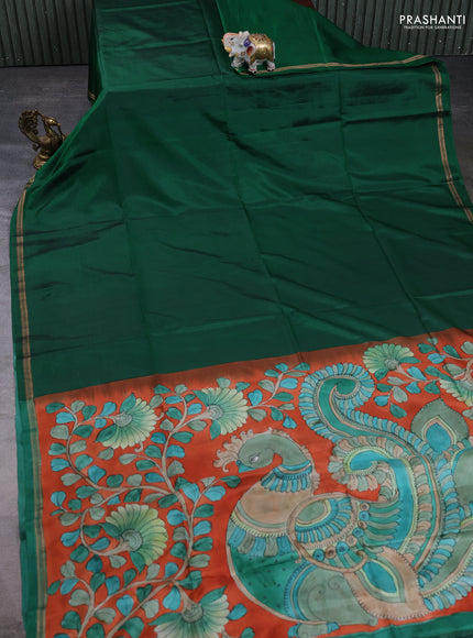 Pure soft silk saree green and rustic orange with plain body and kalamkari printed pallu