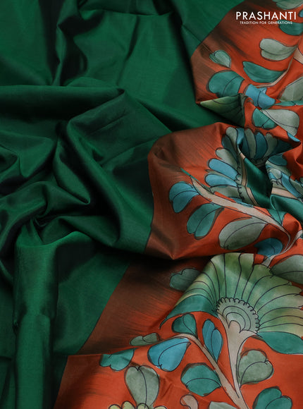 Pure soft silk saree green and rustic orange with plain body and kalamkari printed pallu