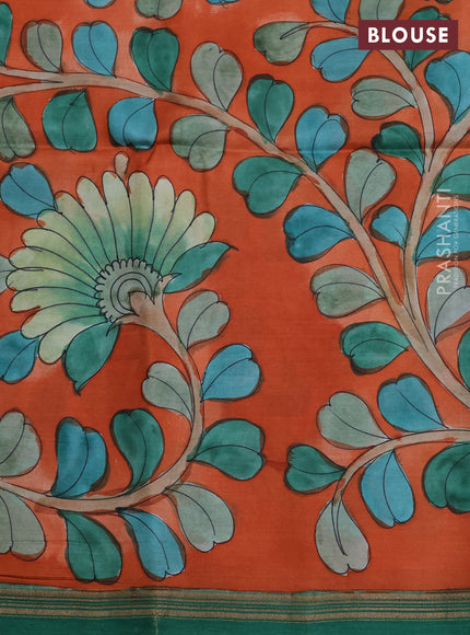 Pure soft silk saree green and rustic orange with plain body and kalamkari printed pallu