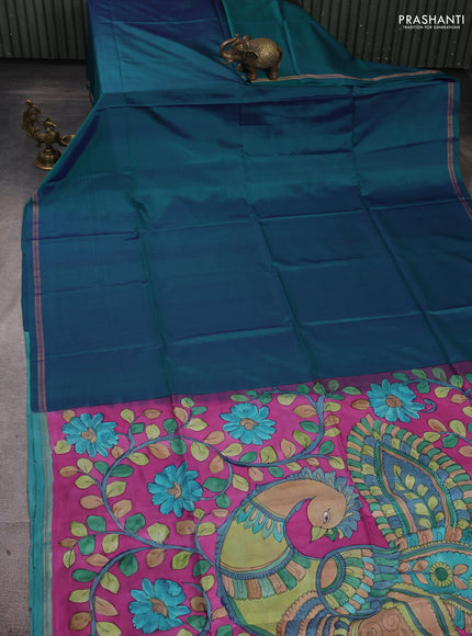 Pure soft silk saree dual tone peacock green and magenat pink with plain body and kalamkari printed pallu