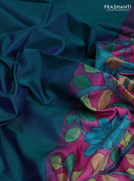 Pure soft silk saree dual tone peacock green and magenat pink with plain body and kalamkari printed pallu