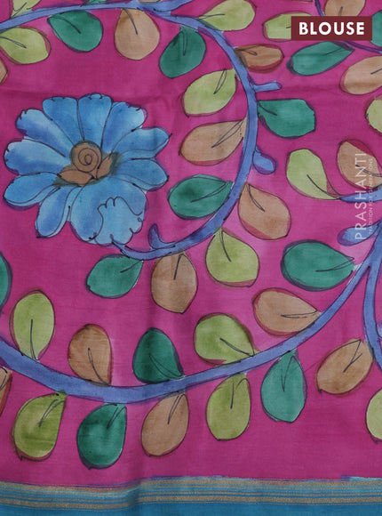 Pure soft silk saree dual tone peacock green and magenat pink with plain body and kalamkari printed pallu