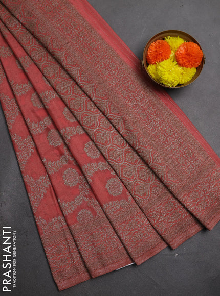 Banarasi semi crepe saree peach with allover thread & zari weaves and woven border