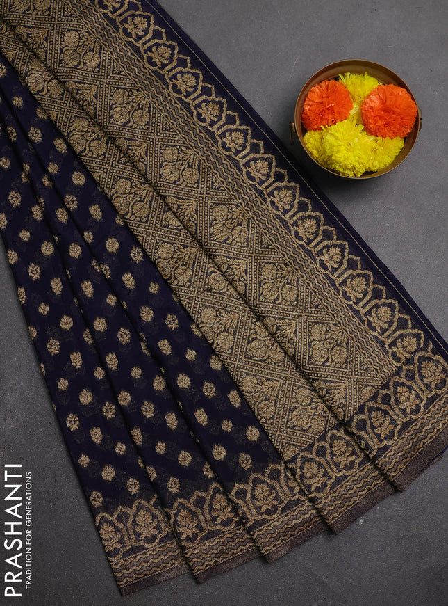 Banarasi semi crepe saree navy blue with allover thread & zari woven buttas and woven border