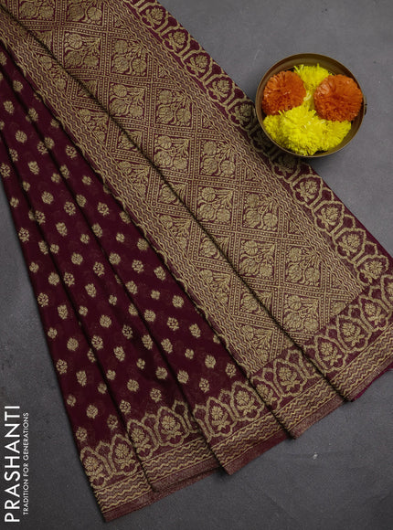 Banarasi semi crepe saree wine shade with allover thread & zari woven buttas and woven border