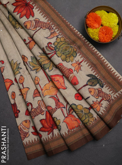 Semi raw silk saree beige with mirror work and kalamkari prints & pita work