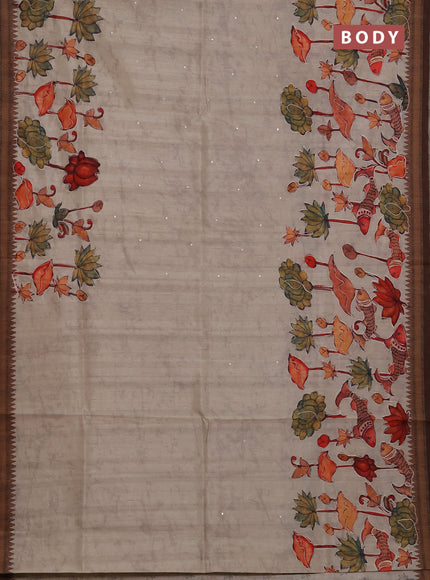Semi raw silk saree beige with mirror work and kalamkari prints & pita work