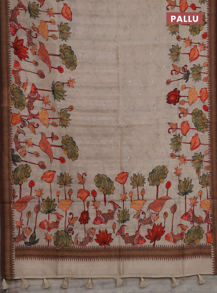 Semi raw silk saree beige with mirror work and kalamkari prints & pita work