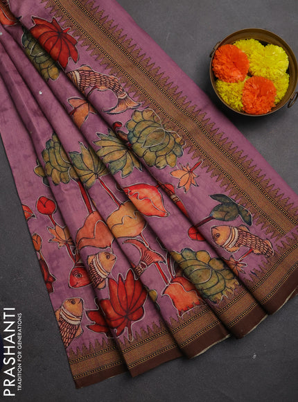 Semi raw silk saree mauve pink with mirror work and kalamkari prints & pita work