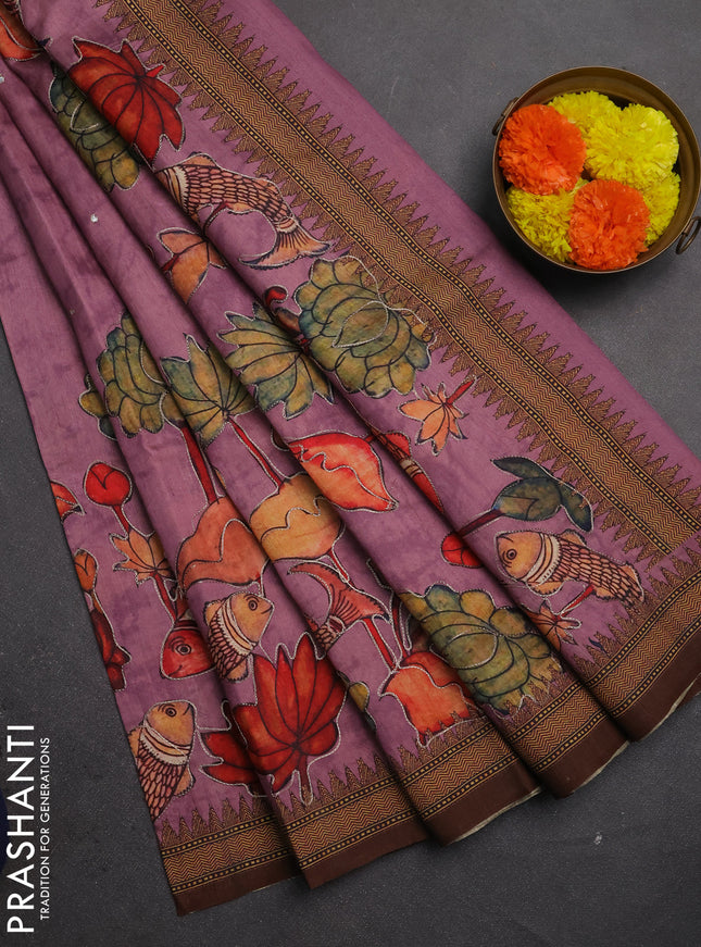 Semi raw silk saree mauve pink with mirror work and kalamkari prints & pita work